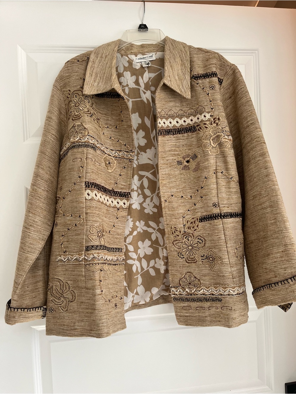 Coldwater Creek Embroidered Tan-Beige Open Front Jacket